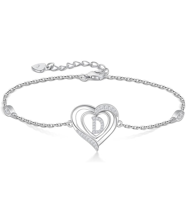 RIVIKO Heart Initial Bracelets for Women,925 Sterling Silver Letter Bracelets, Personalized Charm Alphabet Jewelry Valentines Christmas Mother’s Day Birthday Gifts for Women Friend Her Mom Wife Lady