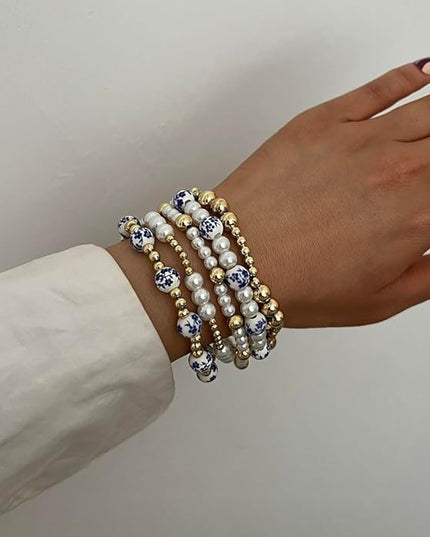 Gold Beaded Bracelets for Women, 14K Real Gold Plated Jewelry for Women Dainty Pearl Bead Bracelets Stack, Non Tarnish Trendy Stackable Ball Cross Stretch Bracelet Set Fashion Accessories Gifts