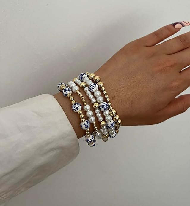 Gold Beaded Bracelets for Women, 14K Real Gold Plated Jewelry for Women Dainty Pearl Bead Bracelets Stack, Non Tarnish Trendy Stackable Ball Cross Stretch Bracelet Set Fashion Accessories Gifts