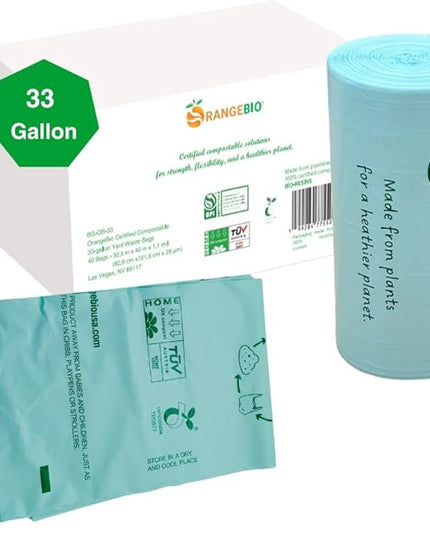 OrangeBio 33 Gallon Home Compostable Yard Waste Bags, 40 Count, 1.1 Mil, Lawn & Leaf Bags US BPI ASTM D6400 and OK Compost Home Certified
