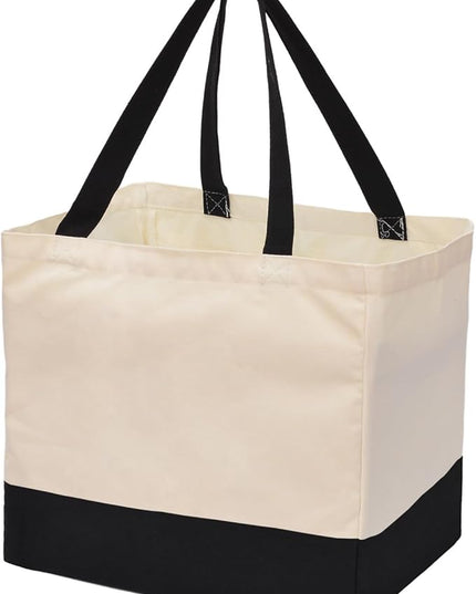 Heavy Duty Canvas Reusable Grocery Bags - 8.3 Gal Foldable Large Tote with Handles, Holds 60 lbs & Washable Eco-friendly Bags with 5 Pockets, Off White Black
