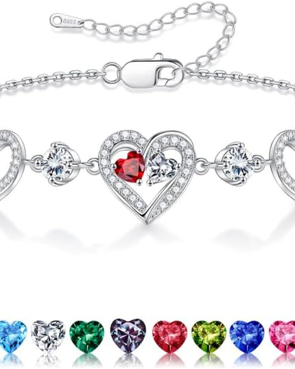 Iefil Valentines Day Gifts for Her - 925 Sterling Silver Heart Birthstone Bracelet Birthday Anniversary Jewelry Gifts for Her Wife