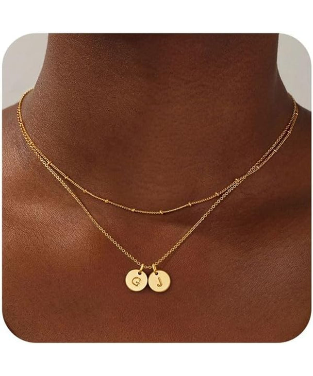 Turandoss Christmas Gifts for Grandkids - Dainty 14K Gold Plated Layered Two Letter A-Z Stack Disc Initial Necklace Trendy Birthday Personalized Gifts for Women Teen Girls Jewelry