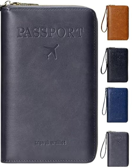 Multi-Functional RFID Passport Wallet,Travel Wallet for Men & Women,With zipper, anti-theft passport holder，Slim Leather Cover for Credit Cards, Tickets, Cash (Grey)