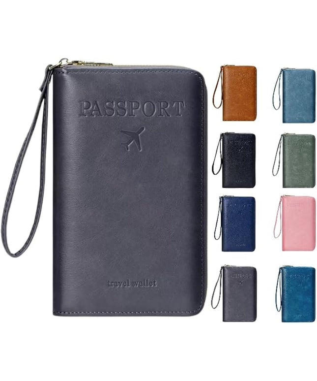 Multi-Functional RFID Passport Wallet,Travel Wallet for Men & Women,With zipper, anti-theft passport holder，Slim Leather Cover for Credit Cards, Tickets, Cash (Grey)