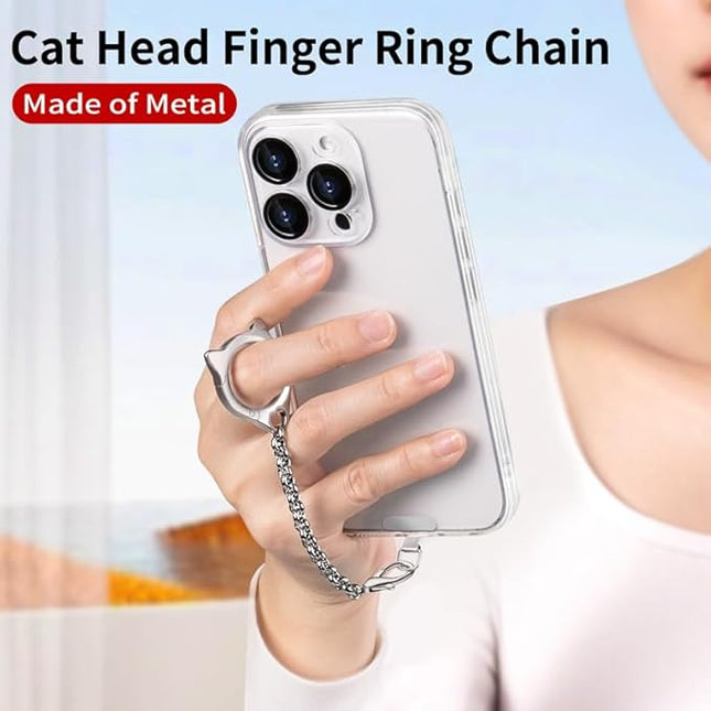 Metal Cat Head Phone Finger Grip Ring Chain Lanyard Keychain Holder Heavy Duty 5KG Capacity Anti-Loss Strap Anti Theft for All Phones Keys Earbuds USB Drives with Stainless Steel Clip Tether Silver