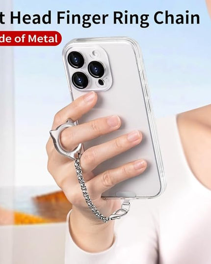 Metal Cat Head Phone Finger Grip Ring Chain Lanyard Keychain Holder Heavy Duty 5KG Capacity Anti-Loss Strap Anti Theft for All Phones Keys Earbuds USB Drives with Stainless Steel Clip Tether Black
