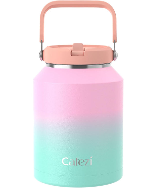 Half Gallon Insulated Water Bottle with Flip Straw, Vacuum Insulated Stainless Steel Jug with Top Handle, Leak-Proof Lid, Sweat-Free, Wide Mouth, Keeps Ice Cold up to 34 Hours