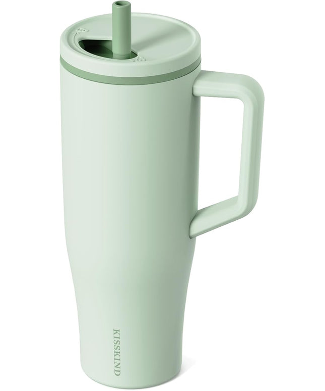 KISSKIND 40 oz Tumbler with Handle and Straw | Lumi Spin Hidden Straw 100% Leakproof Insulated Tumbler | Stainless Steel Water Bottle for Mom, Nurse, Teacher | Green