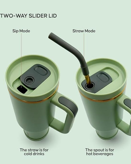 40oz Travel Tumbler Cup with Handle, Two-Way Slider Lid, Stainless Steel Straw with Silicone Tip, Vacuum Insulated Water Bottle for Hot & Cold Drinks, Great Gifts for Mom (Green Gold)