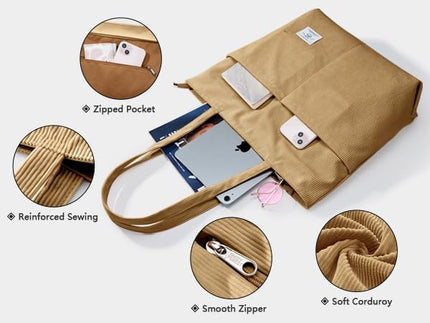KALIDI Women Corduroy Tote Bag Zipper Casual Tote's Handbag Big Capacity Shoulder Bag with Pockets