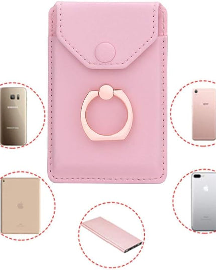 Cell Phone Card Holder RFID Ring Stand Stick on Wallet Card Holder for Back of Phone iPhone Android and All Smartphones Adhesive Credit Card Holder Pink