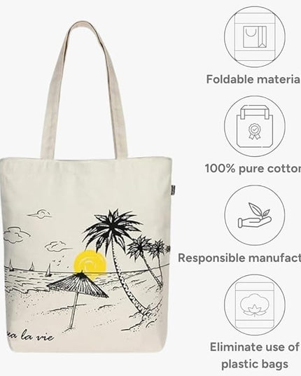 Ecoright Tote Bag for Women with Zipper, Small Tote Bag, Canvas Bag, Reusable Cotton Bag for Beach, Grocery, School & Work