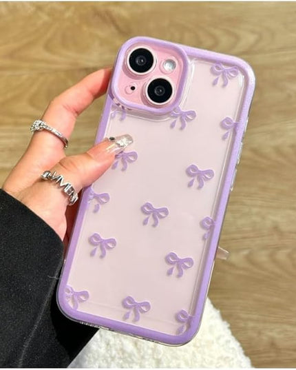 Designed for iPhone Case,Clear Cute Ribbon Bowknot Pattern Aesthetic Transparent Phone Case Raised Camera Protection Stylish Slim Soft Phone Case (Purple,iPhone 12 Pro)