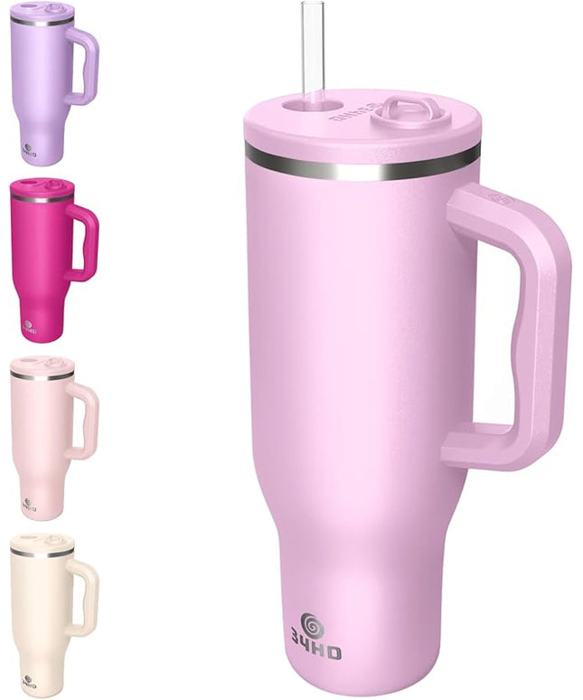 34HD 40 oz Stainless Steel Tumbler - Leakproof Insulated Water Bottle with Handle, Magnetic Lid and Flexible Straw - Iced for 48 Hours – Perfect for Men, Women, Birthday Gift, Pink - Blush Petal