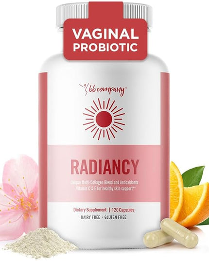 BB Company Radiancy | Vaginal Probiotics for Vaginal Dryness, pH Balance | Fights Itch, Odor | Anti-Aging | Hyaluronic Acid, Probiotics, Vitamin C, Multi Collagen | 120 Ct