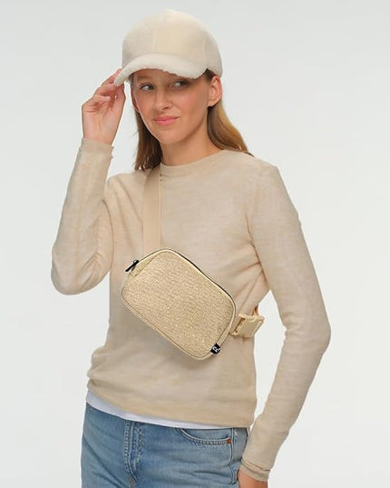C.C Glitter Tiny Mesh Fanny Pack For Women Unisex - Shimmering Daily Waist Crossbody Belt bag With Adjustable Strap (Champagne)