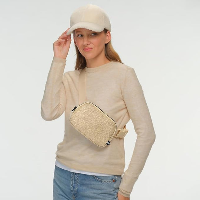 C.C Glitter Tiny Mesh Fanny Pack For Women Unisex - Shimmering Daily Waist Crossbody Belt bag With Adjustable Strap (Champagne)