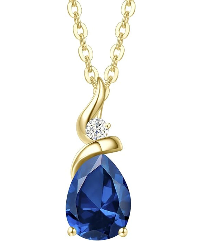 FANCIME 14K Solid Yellow Gold Birthstone Pendant Necklace for Women with Diamond Pear Shaped Teardrop Necklace Birthday Gifts for Mom Women Sterling Silver Chain 16" + 2" Extender