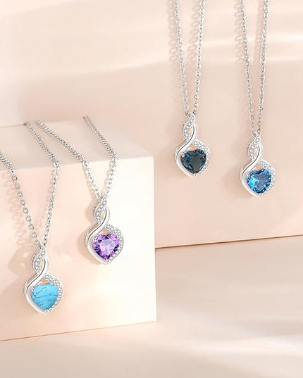 FANCIME 14K Solid White Gold Heart Birthstone Necklace with Diamond Pendent Birthday Gifts for Mom Women, Sterling Silver Chain 16" + 2" Extender