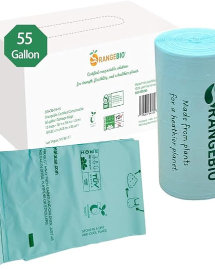 OrangeBio 55 Gallon Home Compostable Trash Bags, 15 Count, 1.5 Mils Extra Thick 38 x 56 Inches, 208 Liter, Compostable Liners, ASTM D6400 EN 13432 US BPI & OK Compost Home Certified