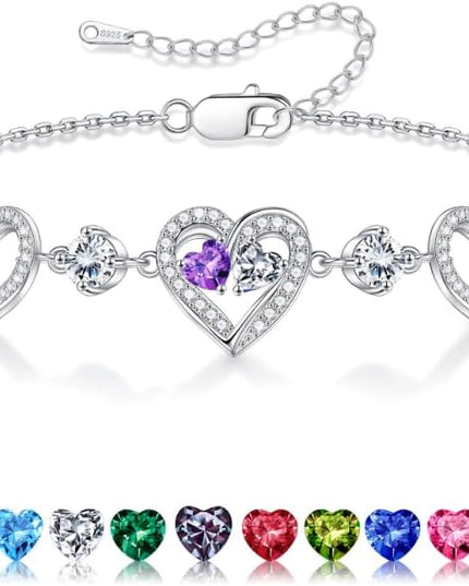 Iefil Valentines Day Gifts for Her - 925 Sterling Silver Heart Birthstone Bracelet Birthday Anniversary Jewelry Gifts for Her Wife