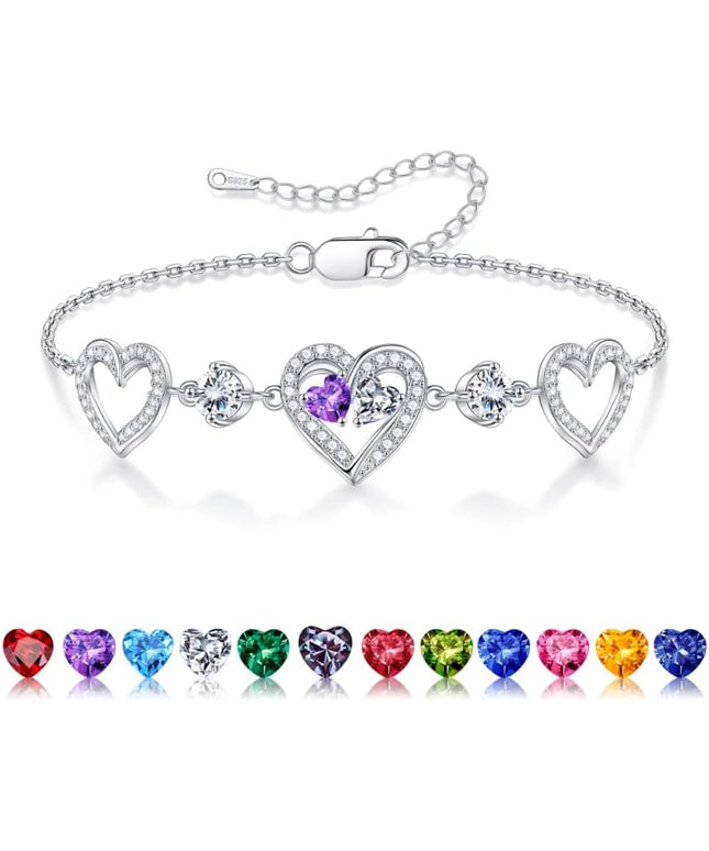 Iefil Valentines Day Gifts for Her - 925 Sterling Silver Heart Birthstone Bracelet Birthday Anniversary Jewelry Gifts for Her Wife