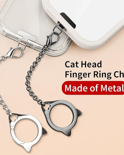 Metal Cat Head Phone Finger Grip Ring Chain Lanyard Keychain Holder Heavy Duty 5KG Capacity Anti-Loss Strap Anti Theft for All Phones Keys Earbuds USB Drives with Stainless Steel Clip Tether Silver