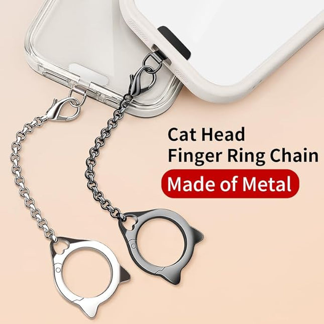 Metal Cat Head Phone Finger Grip Ring Chain Lanyard Keychain Holder Heavy Duty 5KG Capacity Anti-Loss Strap Anti Theft for All Phones Keys Earbuds USB Drives with Stainless Steel Clip Tether Black