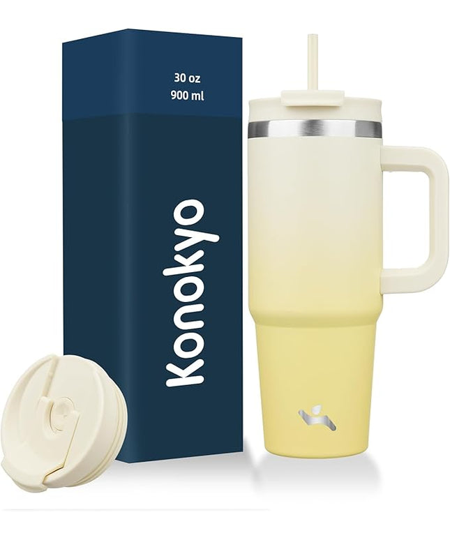 30 oz Tumbler with Handle and 2 Straws,2 in 1 Lid Insulated Water Bottle Stainless Steel Travel Coffee Mug,Lemon