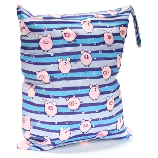 Wet Dry Bag Cloth Diaper Nappy Reusable Washable With Two Zippered Pockets (Pigs Stripe)