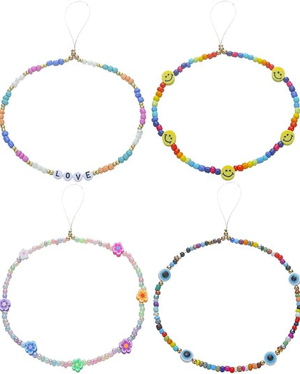 Taouzi 6PCS Beaded Phone Charms Face Fruit Star Pearl Rainbow Beads Phone Lanyard Wrist Strap for Women