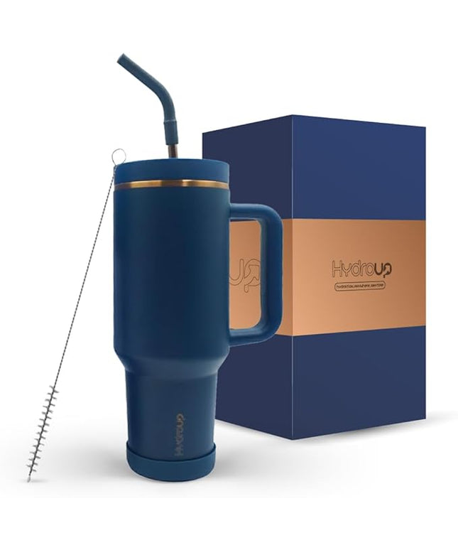 40oz Travel Tumbler Cup with Handle, Two-Way Slider Lid, Stainless Steel Straw with Silicone Tip, Vacuum Insulated Water Bottle for Hot & Cold Drinks, Great Gifts for Mom (Blue Gold)
