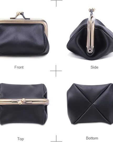 Plinvo Mini Genuine Leather Coin Purse for Women Vintage Kiss Lock Change Organizer Blue (Black)
