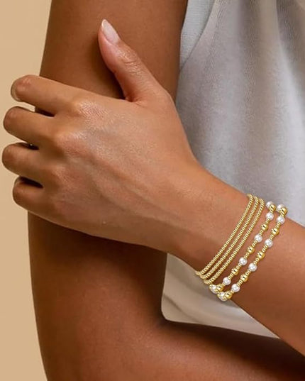 Gold Beaded Bracelets for Women, 14K Real Gold Plated Jewelry for Women Dainty Pearl Bead Bracelets Stack, Non Tarnish Trendy Stackable Ball Cross Stretch Bracelet Set Fashion Accessories Gifts