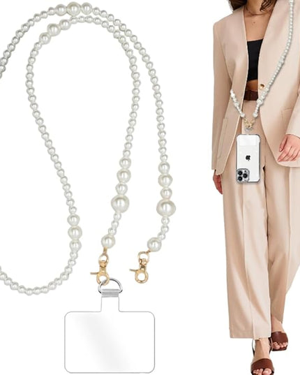 Phone Chain Crossbody Pearl Strap, Pearl Beaded Chain Shoulder Crossbody Lanyard with Phone Tether Patches Compatible with Most Phones Bag Purse (I)