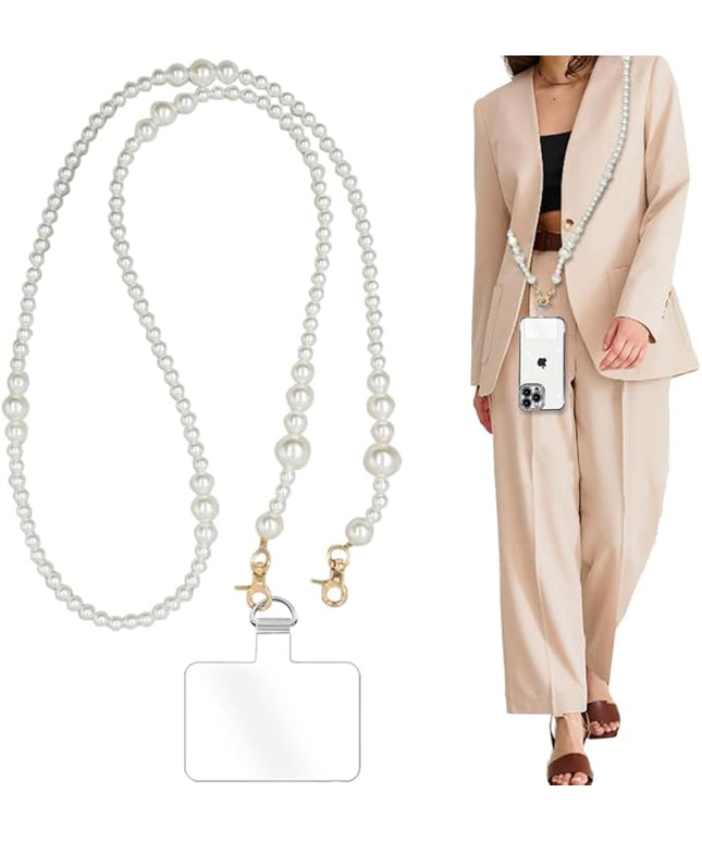 Phone Chain Crossbody Pearl Strap, Pearl Beaded Chain Shoulder Crossbody Lanyard with Phone Tether Patches Compatible with Most Phones Bag Purse (I)