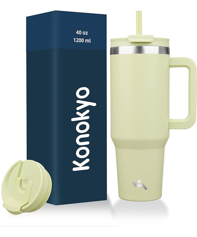 40 oz Tumbler with Handle and 2 Straws,2 in 1 Lid Insulated Water Bottle Stainless Steel Travel Coffee Mug,Macaron Green