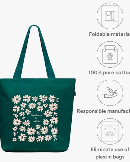 Ecoright Aesthetic Canvas Tote Bag for Women Large Zipper Tote Bags with Pocket, Womens Tote Bag for Yoga, Work, Beach