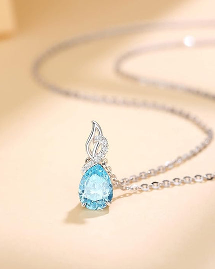 FANCIME 14K Solid White Gold Teardrop Pendant with Diamond Birthstone Necklace