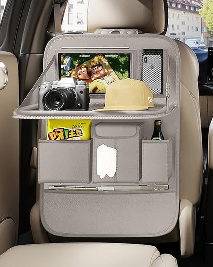 GMQ Back Seat Car Organizer 1 Pack,Backseat Organizer with Tray,Multifunctional Car Seat Back Storage Box with Foldable Tablet Holder (Grey, Plain weave)