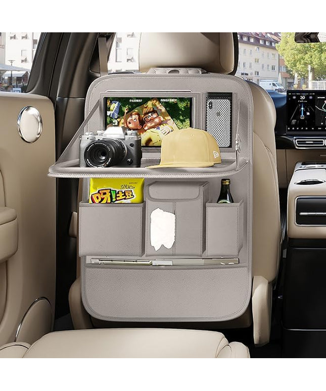 GMQ Back Seat Car Organizer 1 Pack,Backseat Organizer with Tray,Multifunctional Car Seat Back Storage Box with Foldable Tablet Holder (Grey, Plain weave)