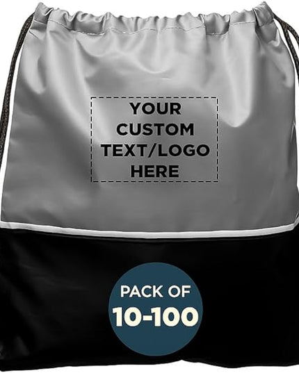 DISCOUNT PROMOS Custom Easy Go Drawstring Backpack Set of 10/50/100, Personalized Bulk Pack - Great for Travelling, Gym and for Everyday Use - Black