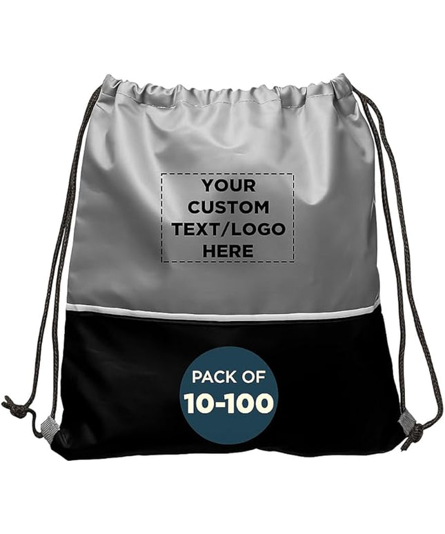 DISCOUNT PROMOS Custom Easy Go Drawstring Backpack Set of 10/50/100, Personalized Bulk Pack - Great for Travelling, Gym and for Everyday Use - Black