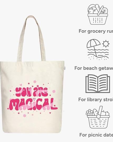 Ecoright Tote Bag for Women with Zipper, Small Tote Bag, Canvas Bag, Reusable Cotton Bag for Beach, Grocery, School & Work