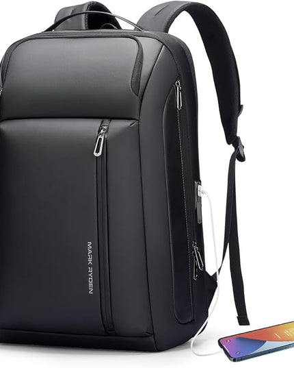 Muzee Business Backpack for Men, Travel Laptop Backpack Fits 15.6 Inch, Waterproof Expandable Bag 25L-35L, Black Work Daypack with USB & USB-C Charging Ports, Anti-Theft Pocket, Luggage Strap