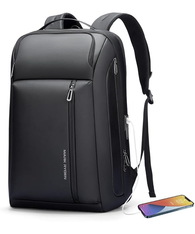 Muzee Business Backpack for Men, Travel Laptop Backpack Fits 15.6 Inch, Waterproof Expandable Bag 25L-35L, Black Work Daypack with USB & USB-C Charging Ports, Anti-Theft Pocket, Luggage Strap
