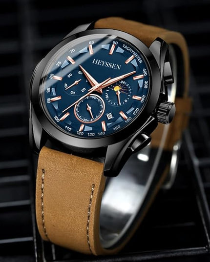 Watches for Men Chronograph Analog Luminous Quartz Watch Blue Black Luxury Genuine Leather Mens Watches Business Sports Waterproof Wristwatch Elegant Gift for Him
