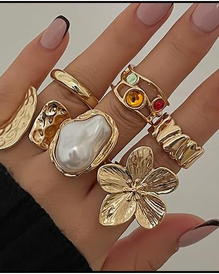Chunky Gold Rings for Women Non Tarnish Statement Flower Ring Baroque Pearl Stackable Rings Set 6Pcs Chunky Jewelry