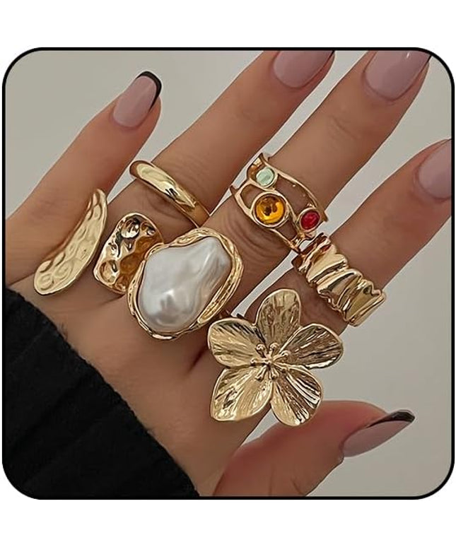 Chunky Gold Rings for Women Non Tarnish Statement Flower Ring Baroque Pearl Stackable Rings Set 6Pcs Chunky Jewelry